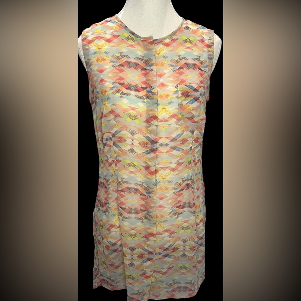 CAbi mosaic print sleeveless colorful tunic top w/ hidden buttons, Size XS
